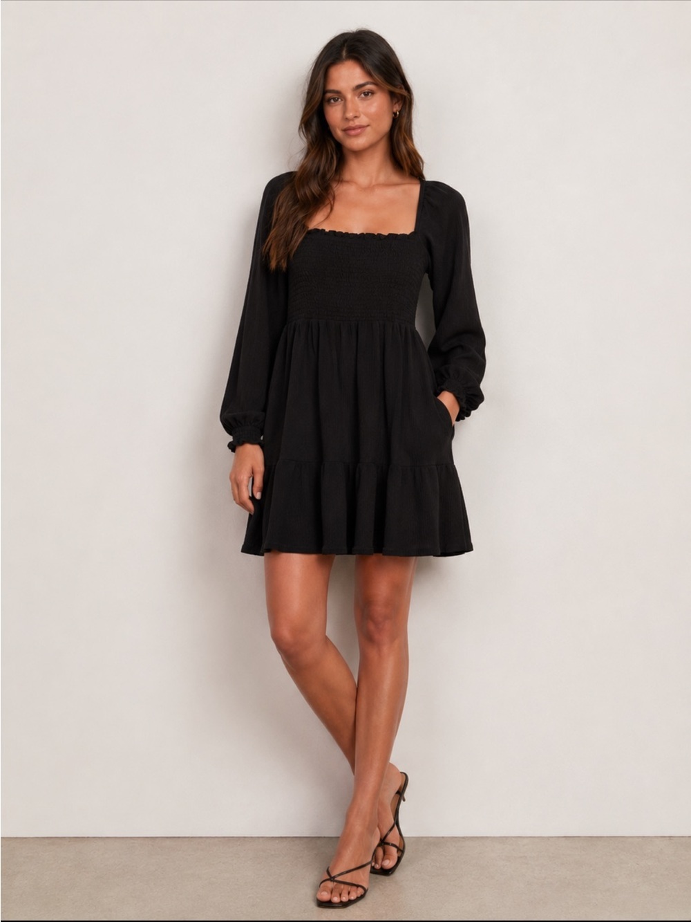 Abercrombie & Fitch Black Babydoll Mini Dress with Bishop Sleeves and pockets.